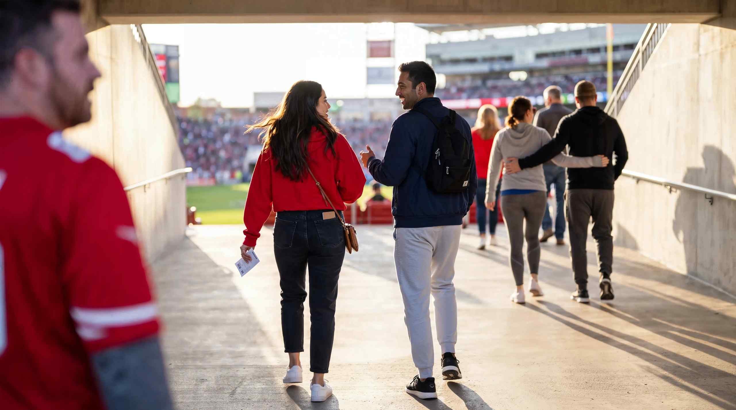 Sports fans walking into a stadium.